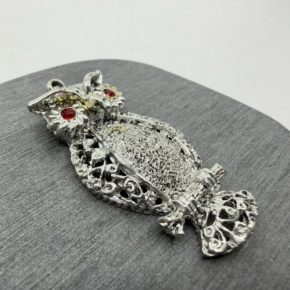 Silver Tone Red Rhinestone Eye Owl Pendant Gothic Halloween Statement Jewelry